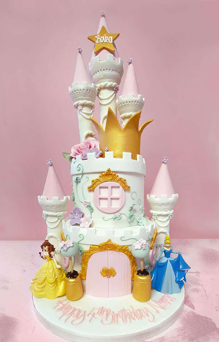 Disney Princess Castle Cake with Belle and Cinderella Figurines
